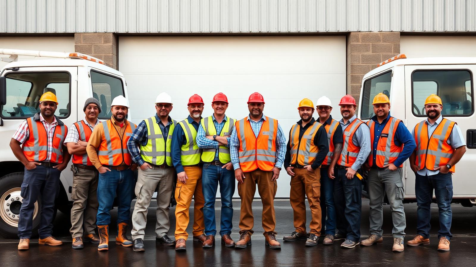 Kosarek Construction roofing crew standing beside company work trucks