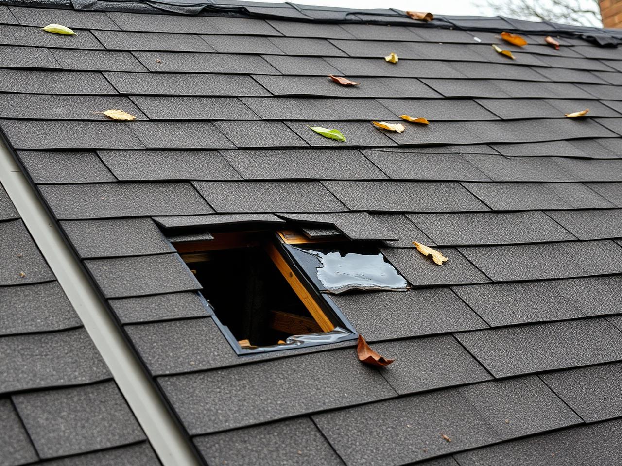 Close-up of storm-damaged asphalt-shingle roof with exposed decking